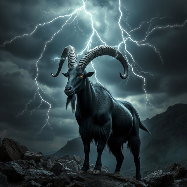 In a dark fantasy landscape, a striking black Spanish goat stands majestically against a backdrop of ominous storm clouds