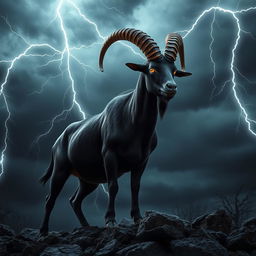 In a dark fantasy landscape, a striking black Spanish goat stands majestically against a backdrop of ominous storm clouds