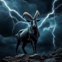 In a dark fantasy landscape, a striking black Spanish goat stands majestically against a backdrop of ominous storm clouds