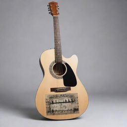 A guitar with a piano design overlayed onto its body