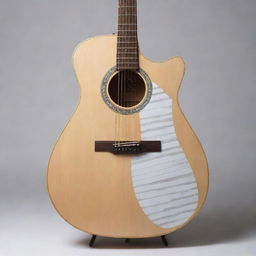 A guitar with a piano design overlayed onto its body