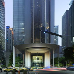 The front entrance of the Police Headquarters during the day, situated prominently in the bustling central business district, displaying rigorous security measures alongside bustling city life.