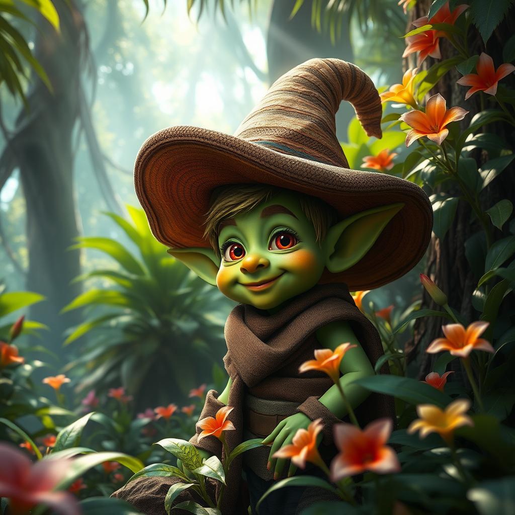 A hyper-realistic fantasy scene featuring a small man resembling a goblin, wearing an oversized hat, surrounded by a lush, dense jungle