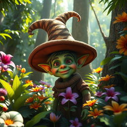 A hyper-realistic fantasy scene featuring a small man resembling a goblin, wearing an oversized hat, surrounded by a lush, dense jungle