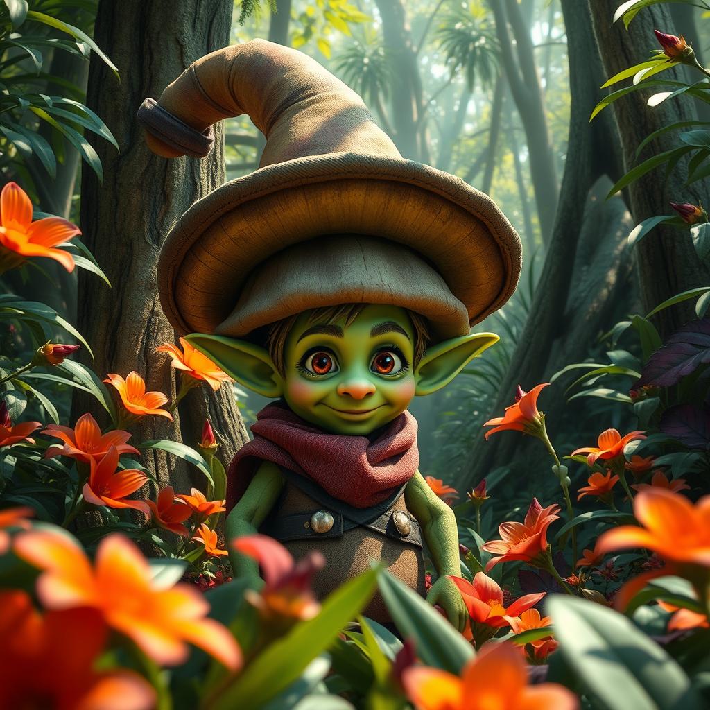 A hyper-realistic fantasy scene featuring a small man resembling a goblin, wearing an oversized hat, surrounded by a lush, dense jungle