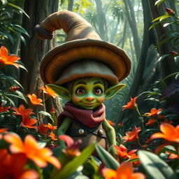 A hyper-realistic fantasy scene featuring a small man resembling a goblin, wearing an oversized hat, surrounded by a lush, dense jungle