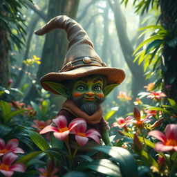 A hyper-realistic fantasy scene featuring a small man resembling a goblin, wearing an oversized hat, surrounded by a lush, dense jungle