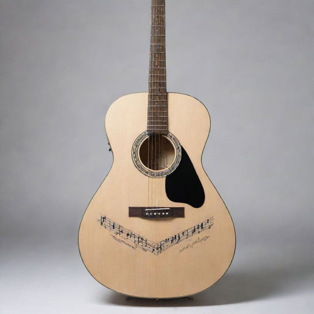 A guitar with a piano design overlayed onto its body