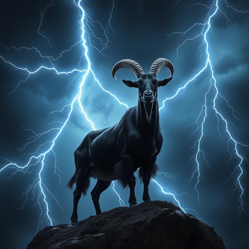 In a dark fantasy setting, a magnificent black Spanish goat stands on a rocky outcrop, exuding an aura of power and magic