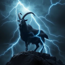 In a dark fantasy setting, a magnificent black Spanish goat stands on a rocky outcrop, exuding an aura of power and magic