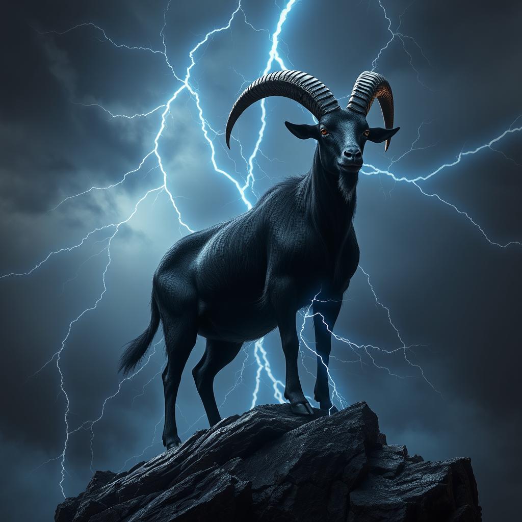 In a dark fantasy setting, a magnificent black Spanish goat stands on a rocky outcrop, exuding an aura of power and magic