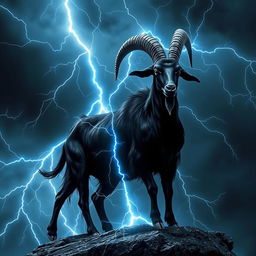 In a dark fantasy setting, a magnificent black Spanish goat stands on a rocky outcrop, exuding an aura of power and magic