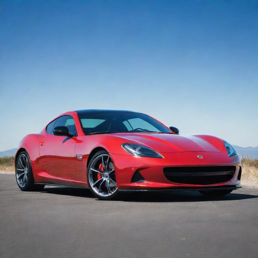 A sleek, high-end sports car with a vibrant red paint job, using silver rims and glossy black tinted windows under a bright blue sky.