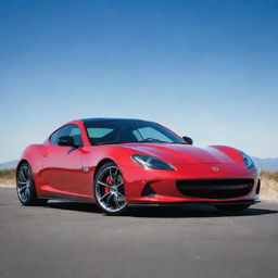 A sleek, high-end sports car with a vibrant red paint job, using silver rims and glossy black tinted windows under a bright blue sky.