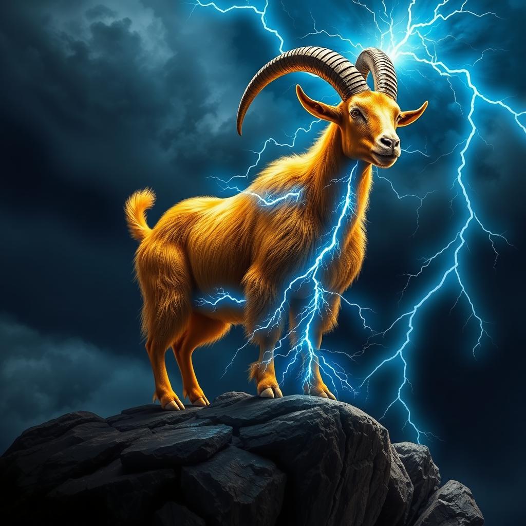 In a dark fantasy realm, a majestic golden Boer goat stands on a rocky ledge, its stunning golden coat shimmering under the stormy sky