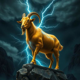 In a dark fantasy realm, a majestic golden Boer goat stands on a rocky ledge, its stunning golden coat shimmering under the stormy sky