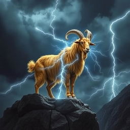 In a dark fantasy realm, a majestic golden Boer goat stands on a rocky ledge, its stunning golden coat shimmering under the stormy sky