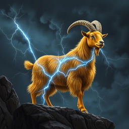 In a dark fantasy realm, a majestic golden Boer goat stands on a rocky ledge, its stunning golden coat shimmering under the stormy sky