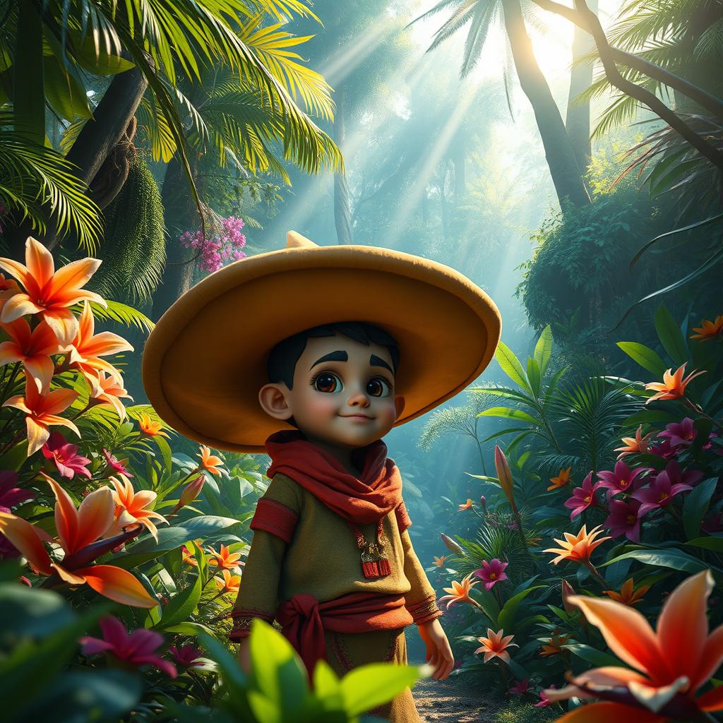 A hyper-realistic fantasy scene featuring a small man wearing a large hat, set in a vibrant jungle environment