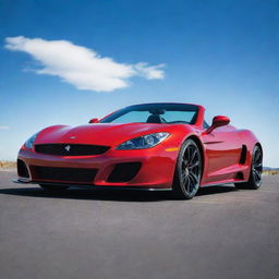 A sleek, high-end sports car with a vibrant red paint job, using silver rims and glossy black tinted windows under a bright blue sky.