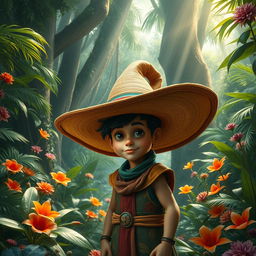 A hyper-realistic fantasy scene featuring a small man wearing a large hat, set in a vibrant jungle environment