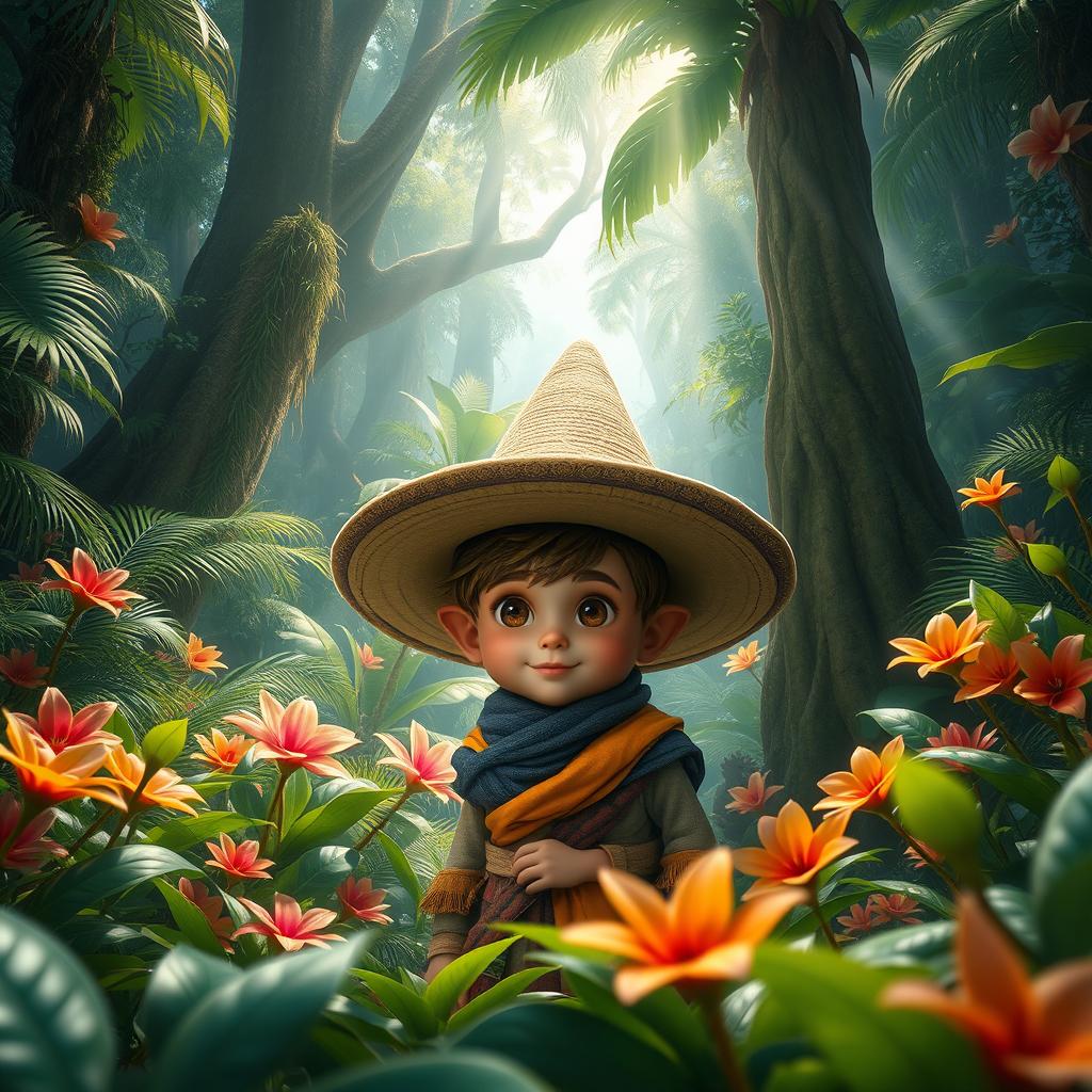 A hyper-realistic fantasy scene featuring a small man wearing a large hat, set in a vibrant jungle environment