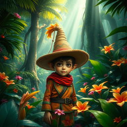 A hyper-realistic fantasy scene featuring a small man wearing a large hat, set in a vibrant jungle environment