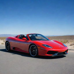 A sleek, high-end sports car with a vibrant red paint job, using silver rims and glossy black tinted windows under a bright blue sky.