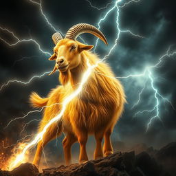 In a dark fantasy realm, a magnificent golden Boer goat stands boldly at the forefront, its shimmering golden fur glowing even amidst the turbulent landscape