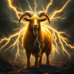 In a dark fantasy realm, a magnificent golden Boer goat stands boldly at the forefront, its shimmering golden fur glowing even amidst the turbulent landscape