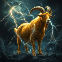 In a dark fantasy realm, a magnificent golden Boer goat stands boldly at the forefront, its shimmering golden fur glowing even amidst the turbulent landscape