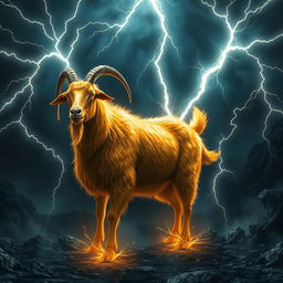 In a dark fantasy realm, a magnificent golden Boer goat stands boldly at the forefront, its shimmering golden fur glowing even amidst the turbulent landscape