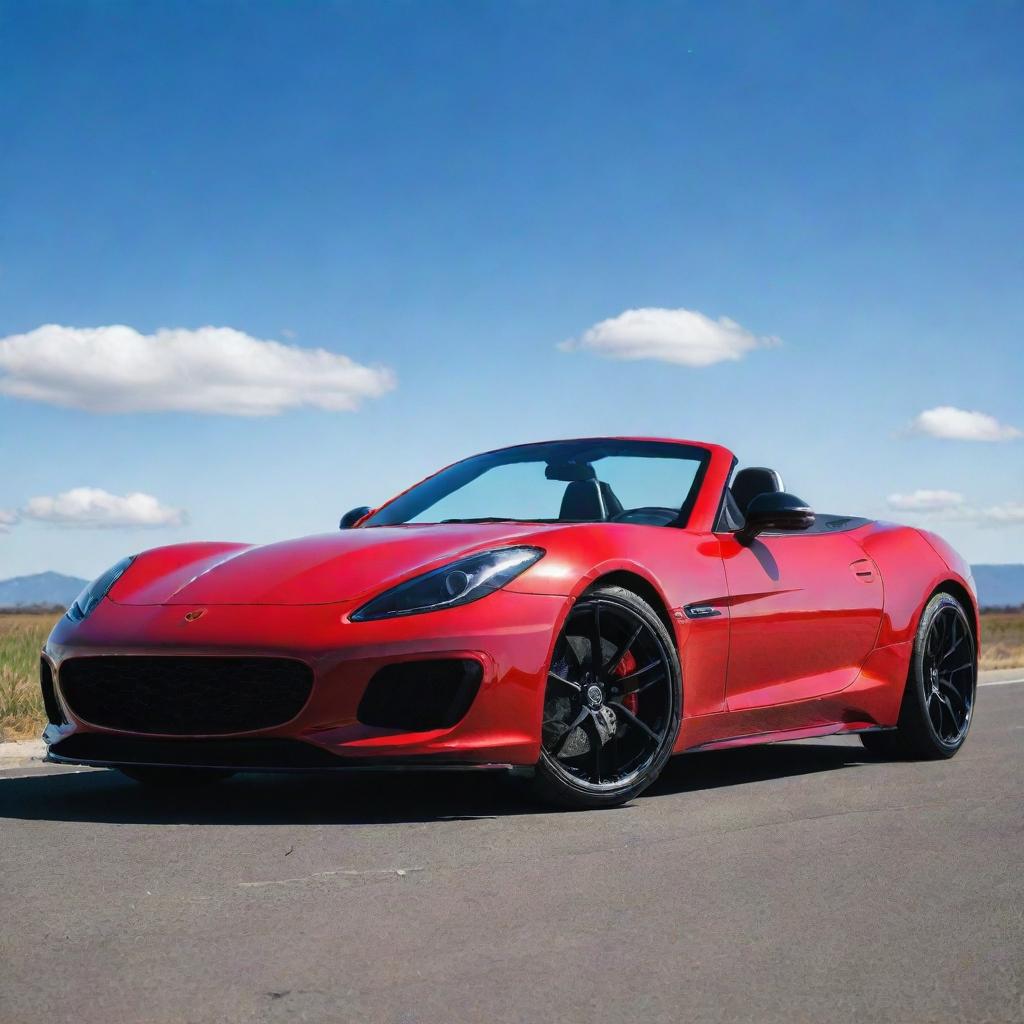 A sleek, high-end sports car with a vibrant red paint job, using silver rims and glossy black tinted windows under a bright blue sky.