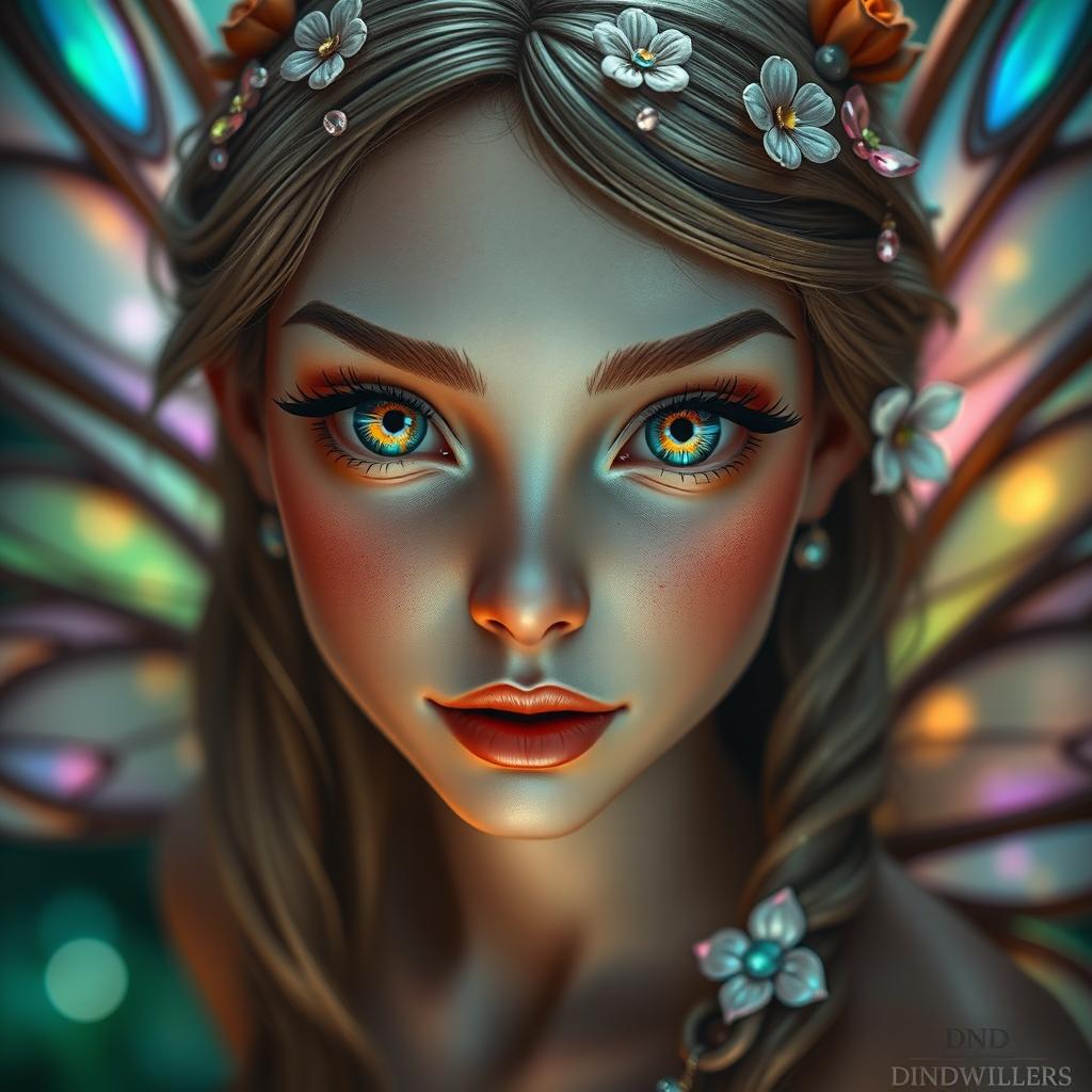 An intense close-up portrait of a DND fairy, showcasing her striking features and intricate details