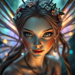 An intense close-up portrait of a DND fairy, showcasing her striking features and intricate details