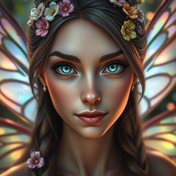 An intense close-up portrait of a DND fairy, showcasing her striking features and intricate details