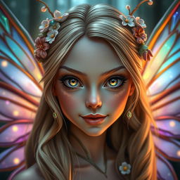 An intense close-up portrait of a DND fairy, showcasing her striking features and intricate details