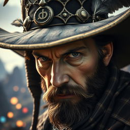 An intense close-up of a man wearing a large and intricately designed DND hat, showcasing his expressive features and the unique details of the hat