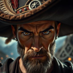 An intense close-up of a man wearing a large and intricately designed DND hat, showcasing his expressive features and the unique details of the hat