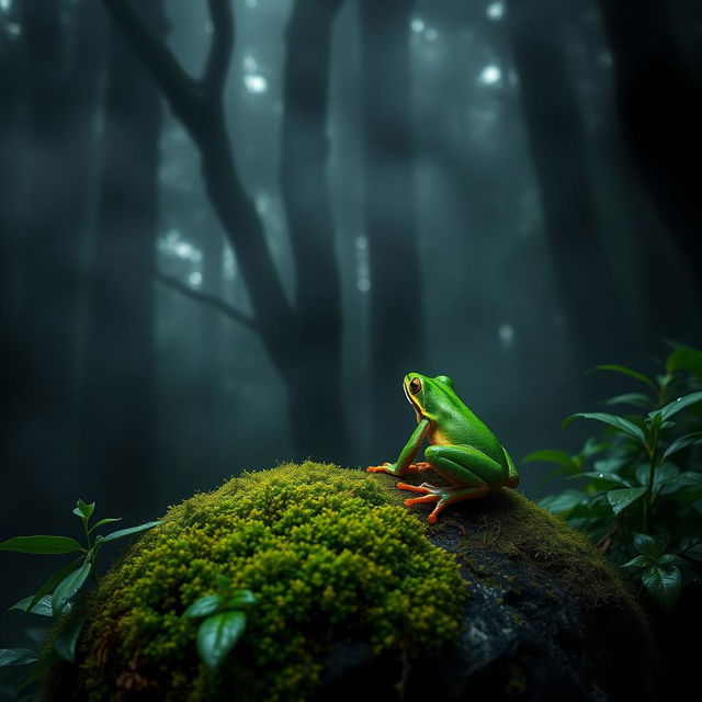 A vibrant green frog perched on a moss-covered rock in a dense foggy forest