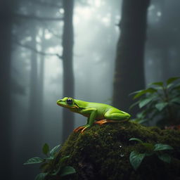 A vibrant green frog perched on a moss-covered rock in a dense foggy forest