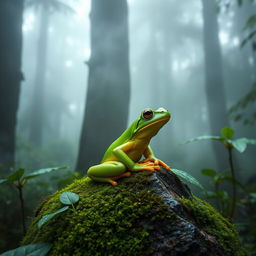 A vibrant green frog perched on a moss-covered rock in a dense foggy forest