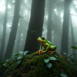 A vibrant green frog perched on a moss-covered rock in a dense foggy forest