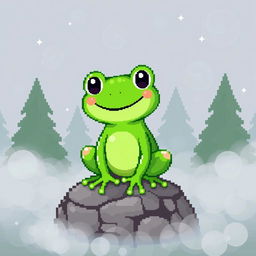 A cheerful green frog in pixel art style, sitting on a small rock amidst foggy surroundings