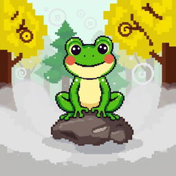 A cheerful green frog in pixel art style, sitting on a small rock amidst foggy surroundings