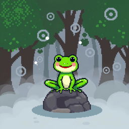 A cheerful green frog in pixel art style, sitting on a small rock amidst foggy surroundings