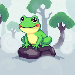 A cheerful green frog in pixel art style, sitting on a small rock amidst foggy surroundings