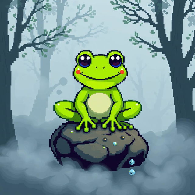 A pixel art representation of a cheerful green frog, 64x64 pixels in size, sitting on a small rock surrounded by dense fog