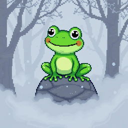 A pixel art representation of a cheerful green frog, 64x64 pixels in size, sitting on a small rock surrounded by dense fog