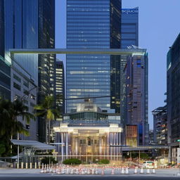 The front entrance of the Police Headquarters during the day, situated prominently in the bustling central business district, displaying rigorous security measures alongside bustling city life.